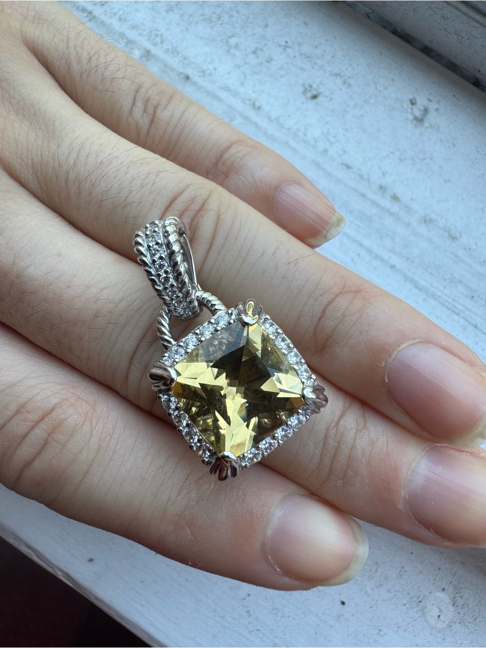 Judith Ripka yellow square sterling silver pendant with cz crystals